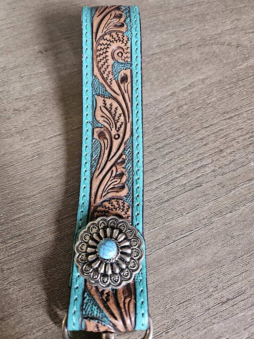 Turquoise Tooled Leather Wristlet Key Fob with Concho -NWOT